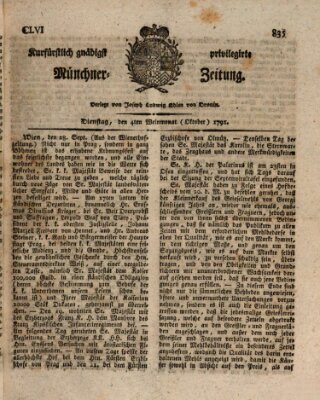 Kurfürstlich gnädigst privilegirte Münchner-Zeitung (Süddeutsche Presse) Dienstag 4. Oktober 1791