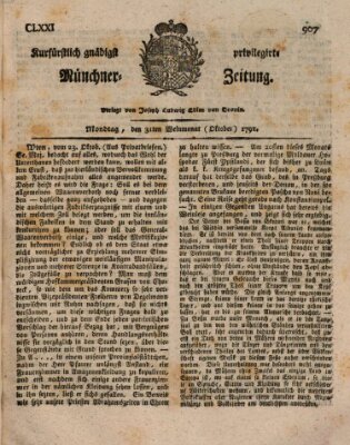 Kurfürstlich gnädigst privilegirte Münchner-Zeitung (Süddeutsche Presse) Montag 31. Oktober 1791