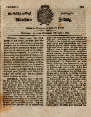 Kurfürstlich gnädigst privilegirte Münchner-Zeitung (Süddeutsche Presse) Montag 28. November 1791