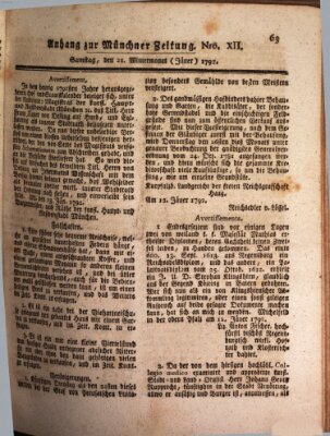 Kurfürstlich gnädigst privilegirte Münchner-Zeitung (Süddeutsche Presse) Samstag 21. Januar 1792