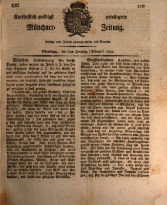 Kurfürstlich gnädigst privilegirte Münchner-Zeitung (Süddeutsche Presse) Montag 6. Februar 1792