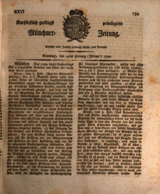 Kurfürstlich gnädigst privilegirte Münchner-Zeitung (Süddeutsche Presse) Dienstag 14. Februar 1792