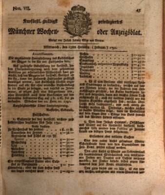 Kurfürstlich gnädigst privilegirte Münchner-Zeitung (Süddeutsche Presse) Mittwoch 15. Februar 1792