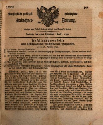 Kurfürstlich gnädigst privilegirte Münchner-Zeitung (Süddeutsche Presse) Freitag 27. April 1792