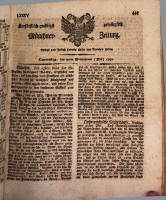 Kurfürstlich gnädigst privilegirte Münchner-Zeitung (Süddeutsche Presse) Donnerstag 31. Mai 1792