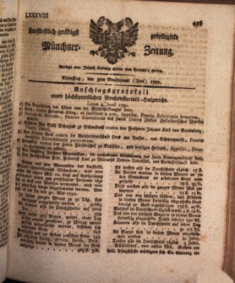 Kurfürstlich gnädigst privilegirte Münchner-Zeitung (Süddeutsche Presse) Dienstag 5. Juni 1792