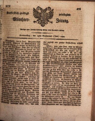 Kurfürstlich gnädigst privilegirte Münchner-Zeitung (Süddeutsche Presse) Donnerstag 14. Juni 1792