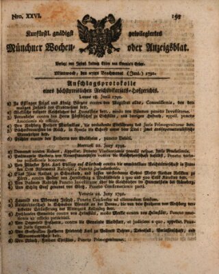 Kurfürstlich gnädigst privilegirte Münchner-Zeitung (Süddeutsche Presse) Mittwoch 27. Juni 1792