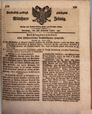 Kurfürstlich gnädigst privilegirte Münchner-Zeitung (Süddeutsche Presse) Dienstag 3. Juli 1792