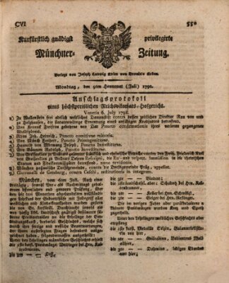 Kurfürstlich gnädigst privilegirte Münchner-Zeitung (Süddeutsche Presse) Montag 9. Juli 1792