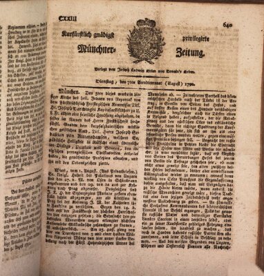 Kurfürstlich gnädigst privilegirte Münchner-Zeitung (Süddeutsche Presse) Dienstag 7. August 1792