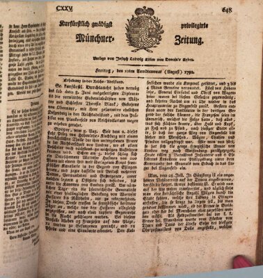 Kurfürstlich gnädigst privilegirte Münchner-Zeitung (Süddeutsche Presse) Freitag 10. August 1792