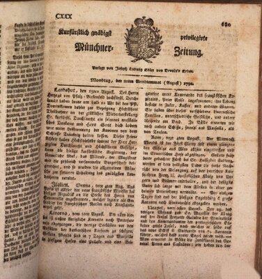 Kurfürstlich gnädigst privilegirte Münchner-Zeitung (Süddeutsche Presse) Montag 20. August 1792