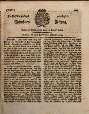 Kurfürstlich gnädigst privilegirte Münchner-Zeitung (Süddeutsche Presse) Freitag 24. August 1792