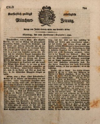 Kurfürstlich gnädigst privilegirte Münchner-Zeitung (Süddeutsche Presse) Montag 10. September 1792