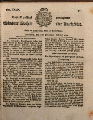 Kurfürstlich gnädigst privilegirte Münchner-Zeitung (Süddeutsche Presse) Mittwoch 26. September 1792