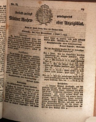 Kurfürstlich gnädigst privilegirte Münchner-Zeitung (Süddeutsche Presse) Mittwoch 16. Januar 1793