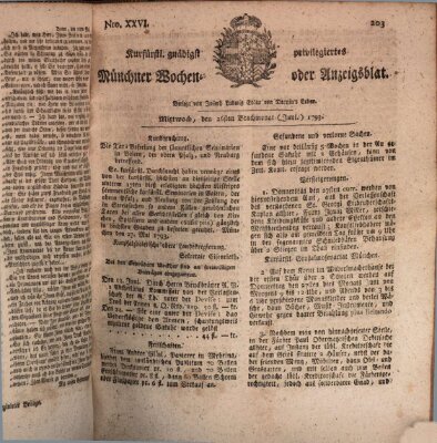 Kurfürstlich gnädigst privilegirte Münchner-Zeitung (Süddeutsche Presse) Mittwoch 26. Juni 1793