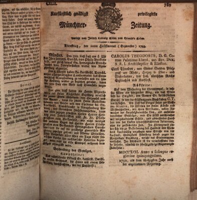 Kurfürstlich gnädigst privilegirte Münchner-Zeitung (Süddeutsche Presse) Dienstag 10. September 1793