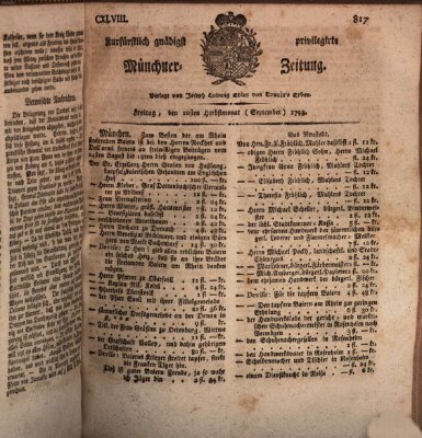 Kurfürstlich gnädigst privilegirte Münchner-Zeitung (Süddeutsche Presse) Freitag 20. September 1793