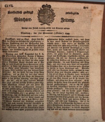 Kurfürstlich gnädigst privilegirte Münchner-Zeitung (Süddeutsche Presse) Montag 7. Oktober 1793