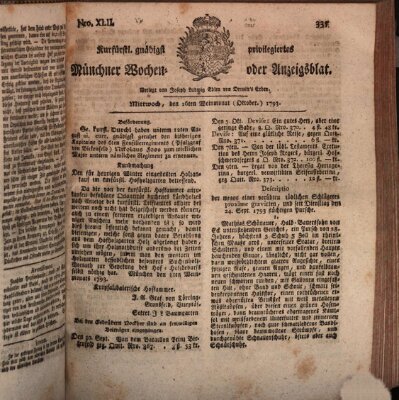 Kurfürstlich gnädigst privilegirte Münchner-Zeitung (Süddeutsche Presse) Mittwoch 16. Oktober 1793