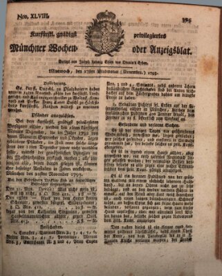 Kurfürstlich gnädigst privilegirte Münchner-Zeitung (Süddeutsche Presse) Mittwoch 27. November 1793