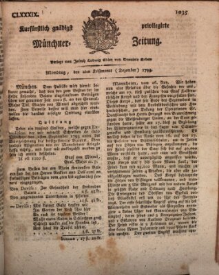 Kurfürstlich gnädigst privilegirte Münchner-Zeitung (Süddeutsche Presse) Montag 2. Dezember 1793