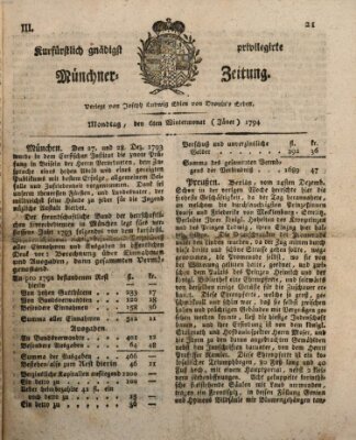 Kurfürstlich gnädigst privilegirte Münchner-Zeitung (Süddeutsche Presse) Montag 6. Januar 1794