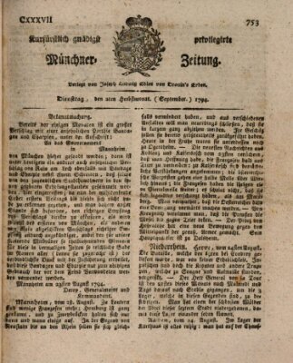 Kurfürstlich gnädigst privilegirte Münchner-Zeitung (Süddeutsche Presse) Dienstag 2. September 1794