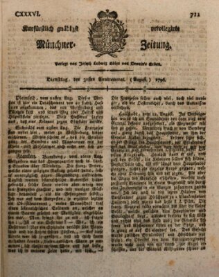 Kurfürstlich gnädigst privilegirte Münchner-Zeitung (Süddeutsche Presse) Dienstag 30. August 1796