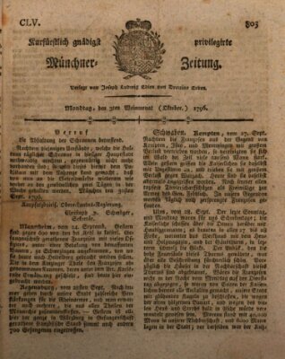 Kurfürstlich gnädigst privilegirte Münchner-Zeitung (Süddeutsche Presse) Montag 3. Oktober 1796