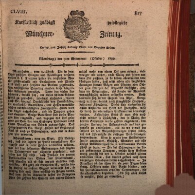 Kurfürstlich gnädigst privilegirte Münchner-Zeitung (Süddeutsche Presse) Montag 9. Oktober 1797