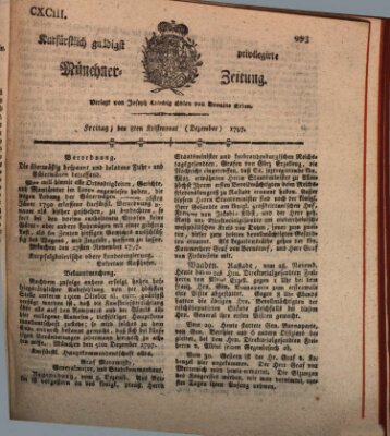 Kurfürstlich gnädigst privilegirte Münchner-Zeitung (Süddeutsche Presse) Freitag 8. Dezember 1797