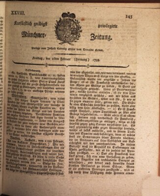 Kurfürstlich gnädigst privilegirte Münchner-Zeitung (Süddeutsche Presse) Freitag 16. Februar 1798