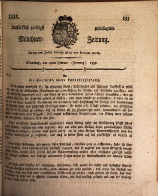 Kurfürstlich gnädigst privilegirte Münchner-Zeitung (Süddeutsche Presse) Montag 19. Februar 1798