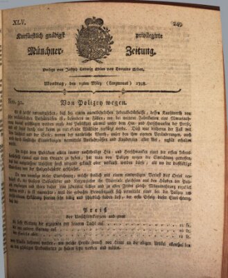 Kurfürstlich gnädigst privilegirte Münchner-Zeitung (Süddeutsche Presse) Montag 19. März 1798