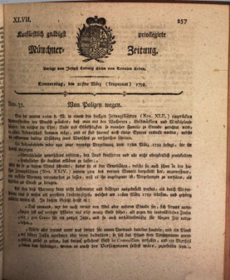 Kurfürstlich gnädigst privilegirte Münchner-Zeitung (Süddeutsche Presse) Donnerstag 22. März 1798