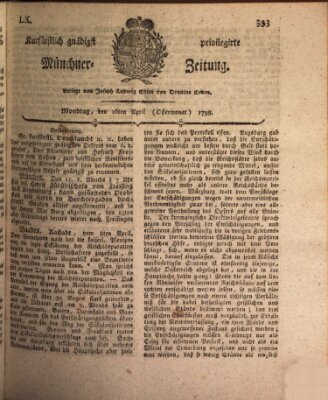 Kurfürstlich gnädigst privilegirte Münchner-Zeitung (Süddeutsche Presse) Montag 16. April 1798