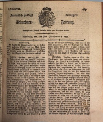 Kurfürstlich gnädigst privilegirte Münchner-Zeitung (Süddeutsche Presse) Montag 4. Juni 1798