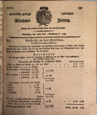 Kurfürstlich gnädigst privilegirte Münchner-Zeitung (Süddeutsche Presse) Montag 18. Juni 1798