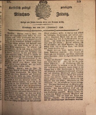 Kurfürstlich gnädigst privilegirte Münchner-Zeitung (Süddeutsche Presse) Montag 2. Juli 1798