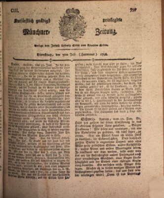 Kurfürstlich gnädigst privilegirte Münchner-Zeitung (Süddeutsche Presse) Dienstag 3. Juli 1798