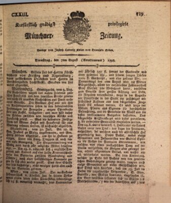 Kurfürstlich gnädigst privilegirte Münchner-Zeitung (Süddeutsche Presse) Dienstag 7. August 1798