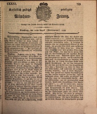 Kurfürstlich gnädigst privilegirte Münchner-Zeitung (Süddeutsche Presse) Dienstag 21. August 1798