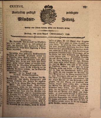 Kurfürstlich gnädigst privilegirte Münchner-Zeitung (Süddeutsche Presse) Freitag 31. August 1798