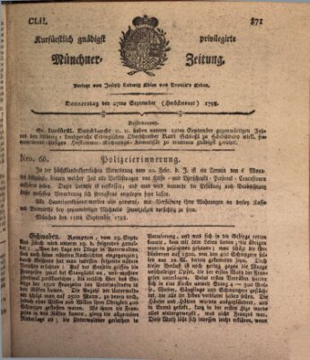 Kurfürstlich gnädigst privilegirte Münchner-Zeitung (Süddeutsche Presse) Donnerstag 27. September 1798