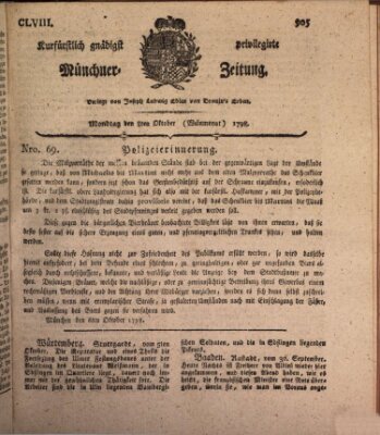 Kurfürstlich gnädigst privilegirte Münchner-Zeitung (Süddeutsche Presse) Montag 8. Oktober 1798