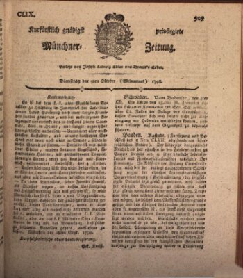 Kurfürstlich gnädigst privilegirte Münchner-Zeitung (Süddeutsche Presse) Dienstag 9. Oktober 1798