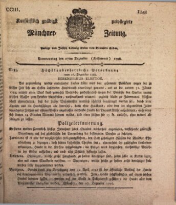 Kurfürstlich gnädigst privilegirte Münchner-Zeitung (Süddeutsche Presse) Donnerstag 27. Dezember 1798